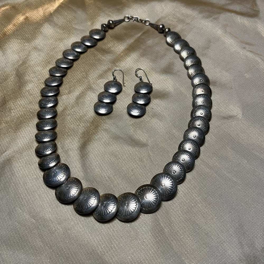 Vtg Navajo Sterling Silver Stamped Saucer Bench Disk Bead Necklace & Earrings